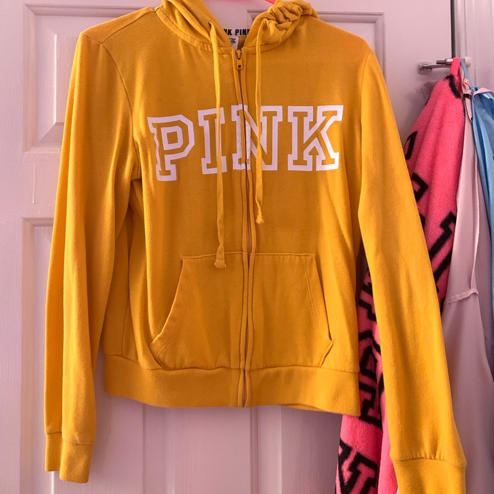 Yellow pink Victoria’s Secret zip up campus hoodie
